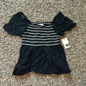 NWT Kohl’s SO brand black white striped baby tee ruffle sleeves size XS